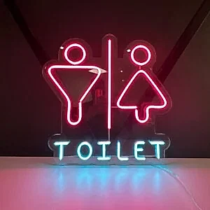 yan açıdan çekilmiş bayan erkek figürlü neon toilet wc yönlendirme tabelası